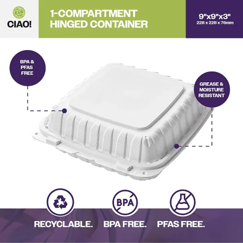 Miniatura 2 de CIAO! Contenedor blanco con bisagras MFPP de 9"x9"x3" con tapa 1 compartimento (caja de 150)