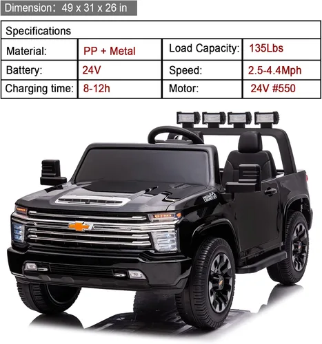 Miniatura 3 de 24V 4WD vehículo de juguete conducido, 2 plazas con licencia Chevrolet Silverado HD con control remoto, camión eléctrico para niños con batería