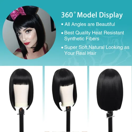 Miniatura 6 de Kalyss - Pelucas cortas de cabello negro con flequillo para mujer, peluca de cabello sintético completo, resistente al calor, peluca corta y recta