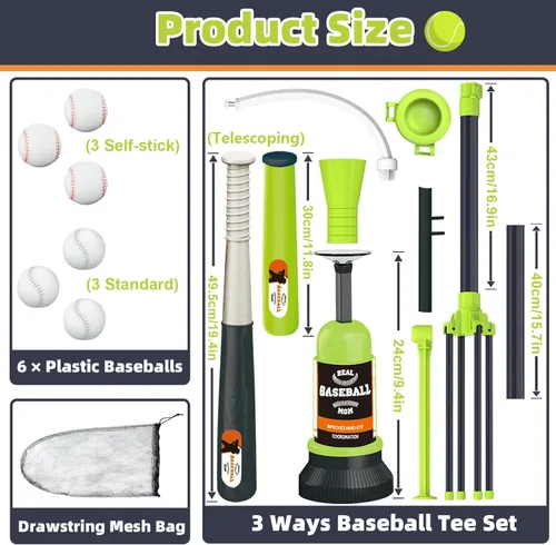 Miniatura 6 de Juego de 3 en 1 de Bola T para Niños, Juego de Camiseta de Bateo de Béisbol con Altura Ajustable y Colgante con 2 Bate, Soporte de Bateo de Teeball