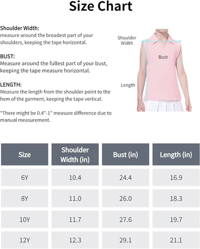 Miniatura 7 de EXARUS Camisetas polo de golf para niñas, sin mangas, cuello en V, tenis, atléticas, para ejercicio escolar de 5 a 12 años
