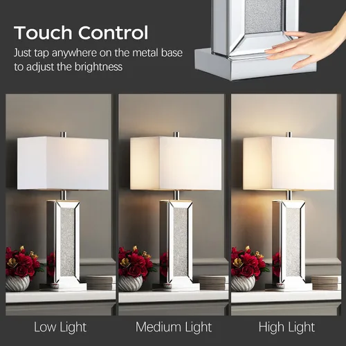 Miniatura 2 de Juego de 2 lámparas de mesa modernas con control táctil, lámpara de mesita de noche con espejo de diamante de cristal de plata con puertos USB C+A