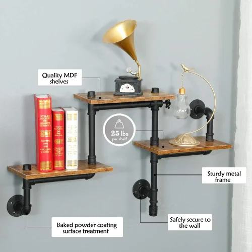 Miniatura 6 de Estantería de tubería industrial, estantes de tubería con tablones de madera, estantes flotantes montados en la pared, estante industrial rústico