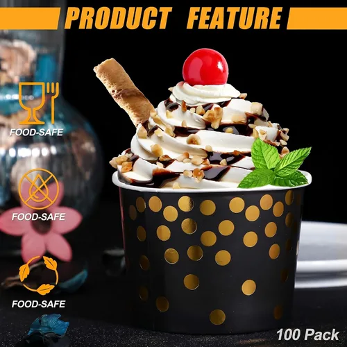 Miniatura 4 de CHENGU 100 tazas de papel para helado a granel de 8 onzas, desechables en negro y dorado, cuencos de postre para aperitivos, yogur, alimentos