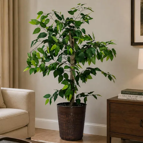 Miniatura 2 de LCG Florals - Árbol artificial de ficus de 4 pies en maceta de metal de cobre, planta de interior sintética con tronco de madera real, totalmente