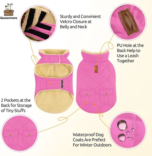 Miniatura 3 de Queenmore Abrigo de invierno para perro, chaqueta de vellón, ropa impermeable para perros para clima frío, acolchado de algodón grueso y cálido, Rosa