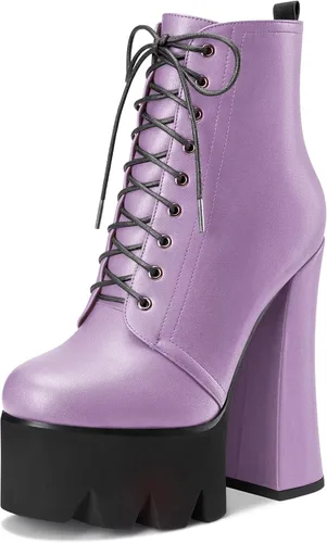 Miniatura 18 de HDEUOLM Botas de tobillo con tacón alto de bloque grueso para mujer, puntera redonda, botines cortos con cordones y cremallera, zapatos clásicos