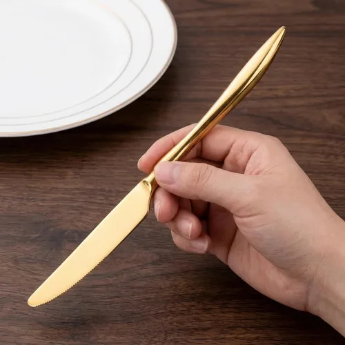 Miniatura 6 de Juego de cubiertos dorados de 16 piezas de acero inoxidable para 4, mango curvado único, elegante, ergonómico, cómodo, pulido de espejo, apto