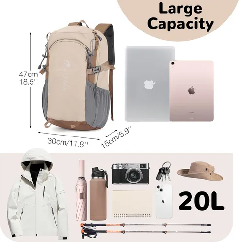 Miniatura 3 de Mochila pequeña de senderismo con correa para el pecho para hombres y mujeres, mochila de viaje ligera impermeable de 20 litros con correas Caqui