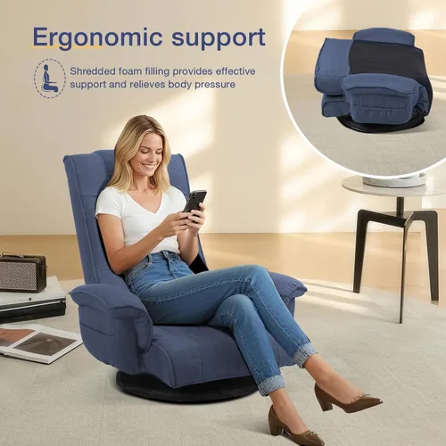 Miniatura 5 de Linen Fabric Ergonomic Gaming Chair, 6-Position Reclining Sofa Bed with Lumbar Support, Foldable Floor Lounger with Thick Cushion, Armrests & Side