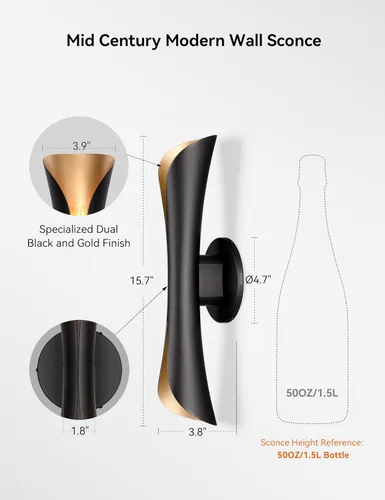Miniatura 6 de Tubicen Apliques de pared negros y dorados modernos para interiores, iluminación de pared regulable, luces cableadas de 15.7 pulgadas de alto, Negro