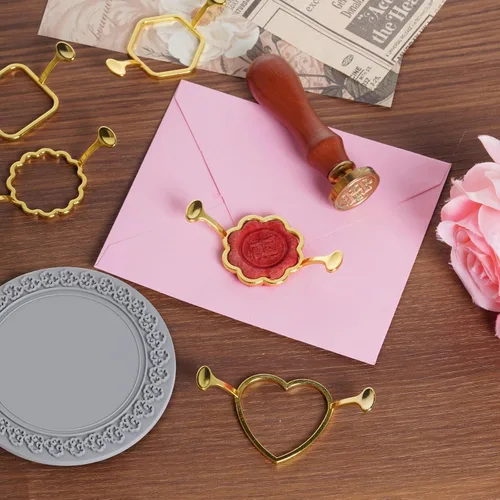 Miniatura 4 de cnomg 7 piezas de moldes de sello de cera de metal, esterilla de sellado de cera de oro, kit de moldes para invitaciones, sobres, regalos, embalaje