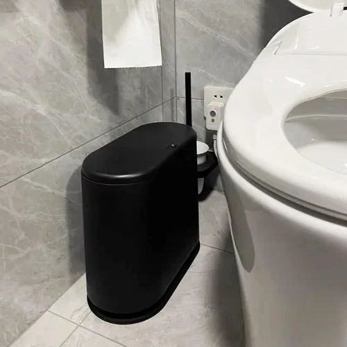 Miniatura 5 de PENGKE Basurero delgado de plástico, cubo de basura de 2.7 galones con tapa superior de presión, cesta de basura moderna negra para baño, sala