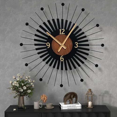Miniatura 15 de Reloj de pared moderno de mediados de siglo de 24 pulgadas, diseño de metal de marco redondo con centro de madera de nogal, movimiento de cuarzo F
