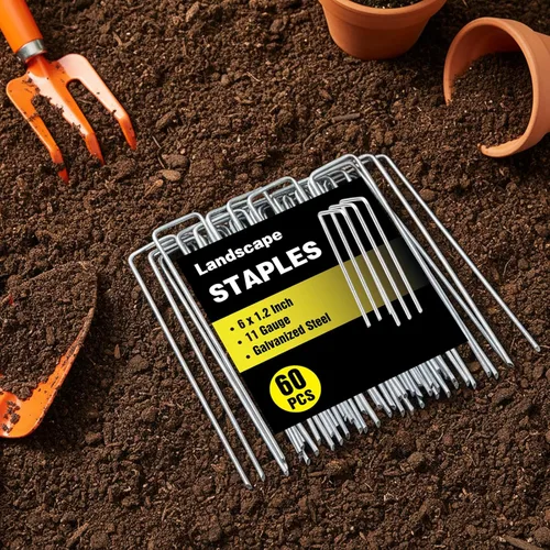 Miniatura 3 de Paquete de 60 grapas de paisaje de 6 pulgadas, estacas de jardín galvanizadas de calibre 11, estacas de cubierta para plantas en forma de U, estacas