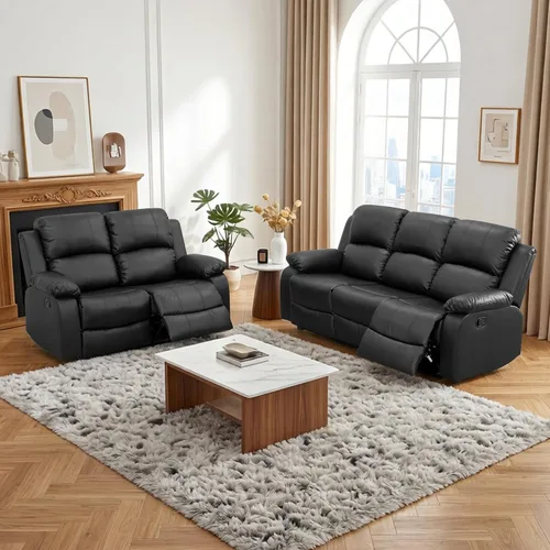 Miniatura 10 de Faux Leather Manual Recliner Sofa Set, 3 Piece Living Room Furniture Set, Loveseat Reclining Couch and 2 Recliner Chairs for RV Home Theater (Black)