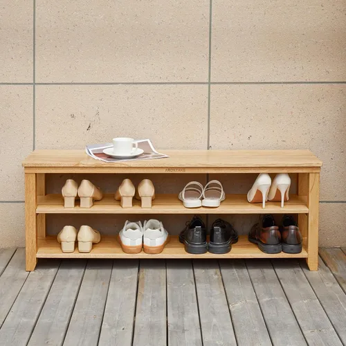 Miniatura 10 de Zapatero de madera maciza, 2 niveles, de madera real, resistente, organizador de zapatos, para entrada, pasillo, vestíbulo, sala de estar, Natural