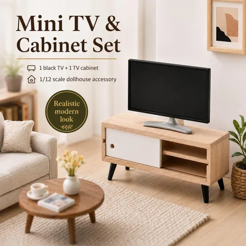 Miniatura 9 de NUOBESTY Mueble de TV y madera para casa de muñecas, monitor de juguete realista a escala 1/12, soporte de TV en miniatura moderno para casa