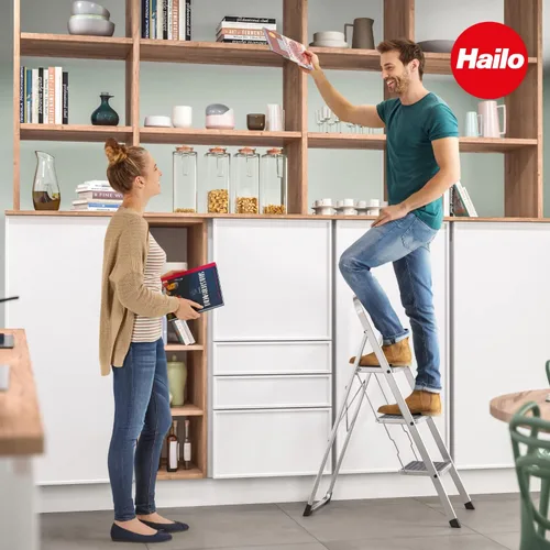 Miniatura 7 de Hailo K60 StandardLine Escalón plegable de aluminio Tres escalones grandes con alfombrillas antideslizantes Mecanismo de seguridad plegable