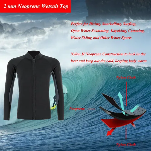 Miniatura 2 de Traje de neopreno de 0.079 pulgadas (0.079 in), chaqueta térmica de manga larga, traje de buceo para hombres y mujeres, buceo, surf, natación