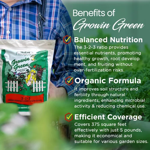 Miniatura 2 de Medina Growin Green Fertilizante granular orgánico – Bolsa de 5 libras – Potenciador de suelo rico en nutrientes 3-2-3 gránulos para jardines