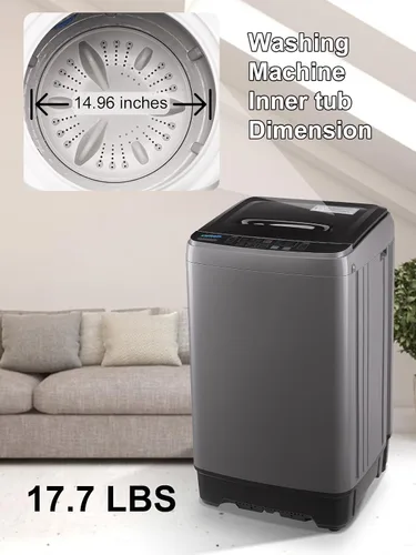 Miniatura 8 de Krib Bling Lavadora completamente automática de 17.7 libras con pantalla LED, lavadora de lavandería compacta portátil con bomba de drenaje, 10 Gris