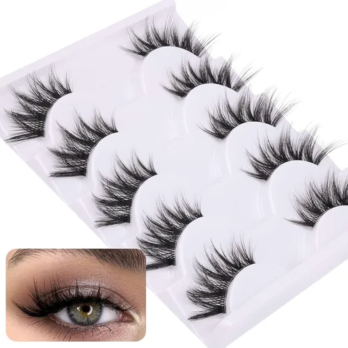 Miniatura 6 de Pestañas Postizas de Media Manga Natural Wispy 3/4 Pestañas Postizas de Ojo de Gato Pestañas de Volumen Banda Transparente Pestañas Postizas que