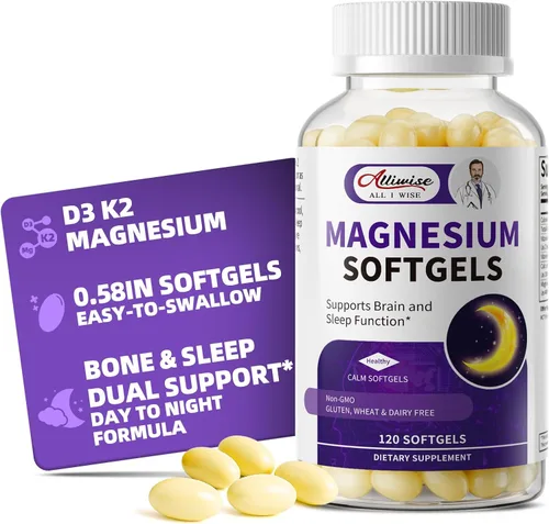 Cápsulas blandas de magnesio glicinato 400mg, suplemento de magnesio de alta absorción fácil de tragar, con vitamina D3 y K2 para relajación, calma,