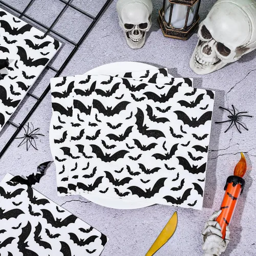 Miniatura 3 de AnyDesign Paquete de 80 servilletas de papel de Halloween de 6.5 x 6.5 pulgadas, servilletas de papel desechables de murciélago negro, servilletas