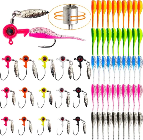 Kit de señuelos suaves de pesca, cebos y plantillas de plástico con ganchos de cabeza de plomo para trucha, peces rojos, agua dulce y agua salada
