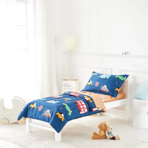 Miniatura 2 de Juego de ropa de cama para niños pequeños, color azul marino con autos coloridos, incluye 1 edredón para niños, sábana encimera, sábana bajera