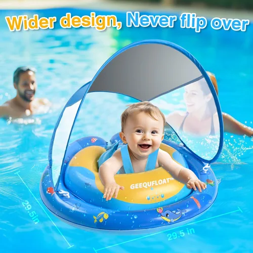Miniatura 2 de Flotador de piscina extra ancho para niños pequeños, diseño antivuelco, flotadores para bebés de 6 a 12 meses, flotador para bebé con toldo