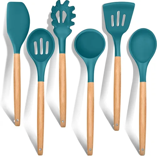 Miniatura 10 de E-far Juego de 6 utensilios de cocina de silicona con mango de madera, utensilios de cocina antiadherentes y resistentes al calor, incluye