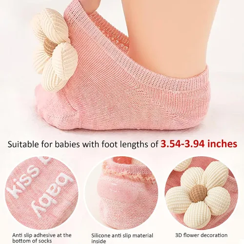 Miniatura 5 de Paquete de 4 calcetines para bebé, con empuñaduras antideslizantes de flores para bebés y niños pequeños, calcetines tobilleros de corte bajo