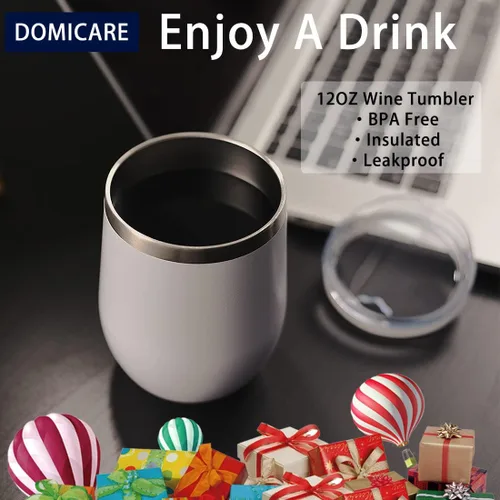 Miniatura 6 de DOMICARE - Vaso de vino de 12 onzas con tapa, hecho de acero inoxidable con aislamiento al vacío de doble pared, paquete de 1 unidad, color blanco