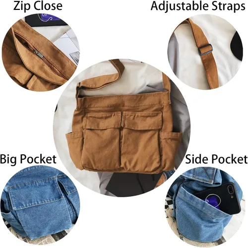 Miniatura 4 de KlaOYer Bolso bandolera de lona grande tipo hobo para la escuela, bolso bandolera con bolsillo para mujeres y hombres
