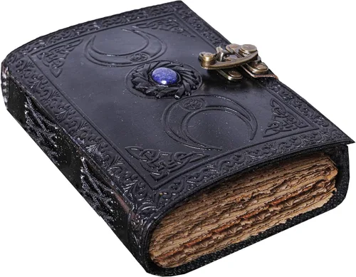 Miniatura 7 de Diario de cuero vintage con piedra semipreciosa, diseño de triple luna, 200 páginas de papel antiguo con borde de deckle – Libro de sombras, diario