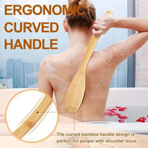 Miniatura 4 de eaxun Cepillo de ducha de bambú con mango largo curvado, exfoliante de espalda de 16.7 pulgadas con cerdas naturales para hombres y mujeres