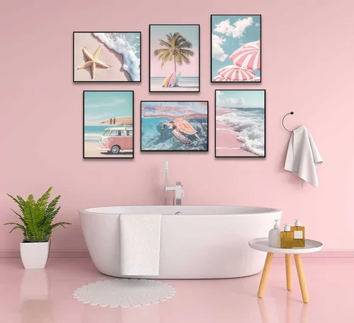 Miniatura 2 de 6 piezas de arte de pared de playa de verano fresco rosa tropical océano impresión de sillas de playa estrellas de mar tabla de surf palmera