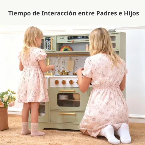 Miniatura 4 de Juego de cocina de madera para niños – Cocina de simulación realista con estufa, fregadero, cafetera, máquina de hielo y 15 accesorios divertidos