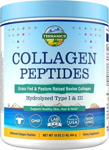 Terranics Péptidos de colágeno hidrolizados en polvo, bovino alimentado con pasto y criado en pastos, colágeno tipo I y III para mujeres, sin