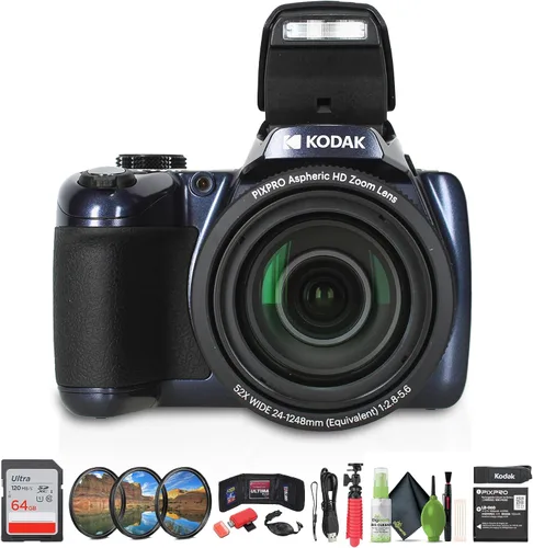 Cámara digital Kodak Pixpro AZ528 (azul) Paquete que incluye: tarjeta de memoria de 32 GB, kit de filtros, lector de tarjetas, correa de mano,