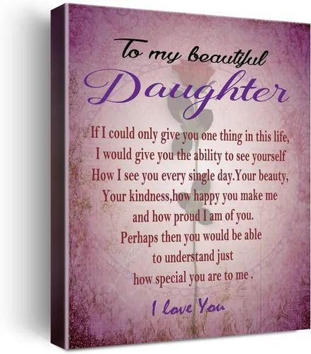 Wailozco Lienzo colgante con texto en inglés "To My Beautiful Daughter", arte de pared enmarcado para decoración de pared de habitación de hija,