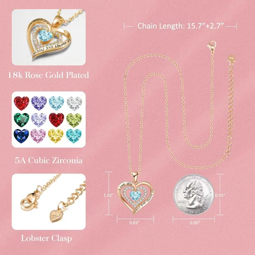 Miniatura 4 de LIANYU Wife Jewelry 18K Gold 925 Sterling Silver Plated Birthstone Jewelry Heart Pendant Necklace for Women Birthday Jewelry for Girls, Valentine's