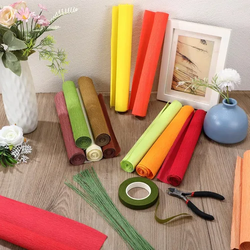 Miniatura 6 de Leinuosen Juego de 65 piezas de papel crepé de flores para bricolaje, 12 rollos de 10 x 98 pulgadas, 100 hilos de hierro floral, 1 cortador