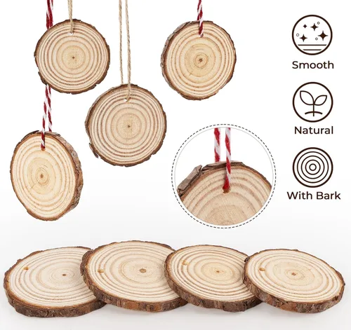Miniatura 5 de ilauke - Láminas de madera, 30 piezas de 2.4"-2.8" (6.1-7.1 cm) redondas de madera natural con agujero preperforado, círculos de madera con corteza