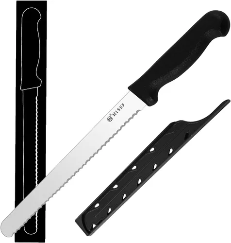 Cuchillo de pan dentado con funda de 10 pulgadas, acero inoxidable mejorado negro, cortador de pan ancho con borde ondulado afilado, para rebanar