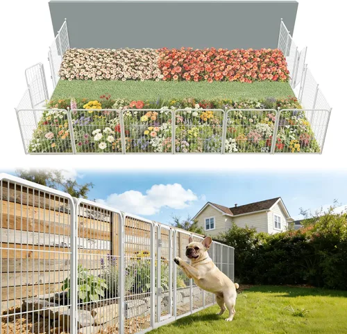 Miniatura 28 de FXW - Valla de jardín metálica y resistente para exteriores, barrera para perros y conejos, fácil instalación, negro, 24 pulgadas de alto x 29.6