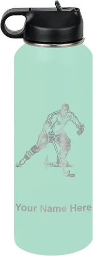 Miniatura 77 de LaserGram Botella de agua personalizada, jugador de hockey, acero inoxidable de doble pared aislada al vacío con popote superior, regalo grabado