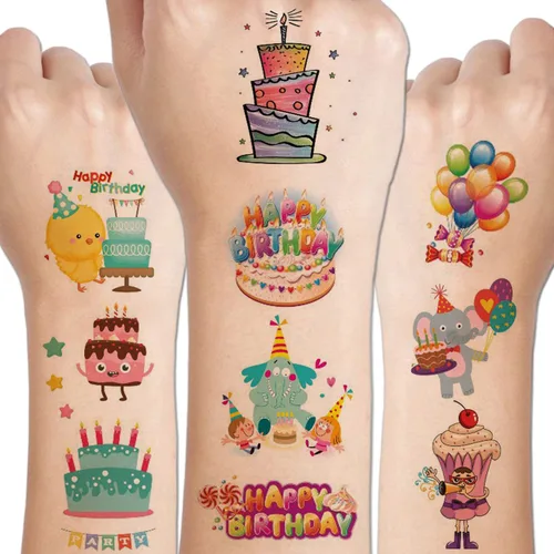 CHARLENT Tatuajes de feliz cumpleaños – 14 hojas de tatuajes temporales para niños, niñas, recuerdos de fiesta y rellenos de bolsas de golosinas